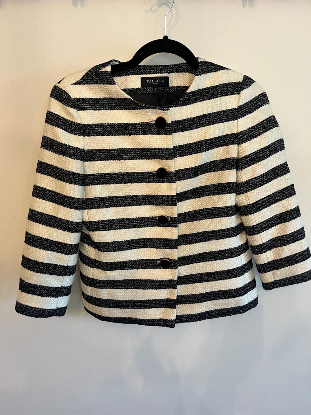 Talbots Black and White Striped Cropped Blazer